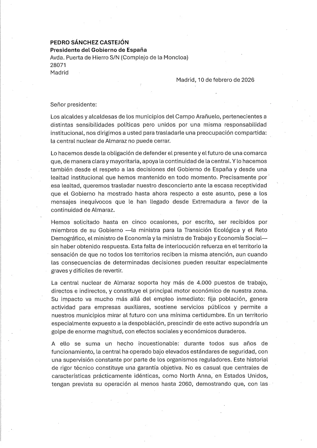 Primera página de la carta remitida al presidente del Gobierno